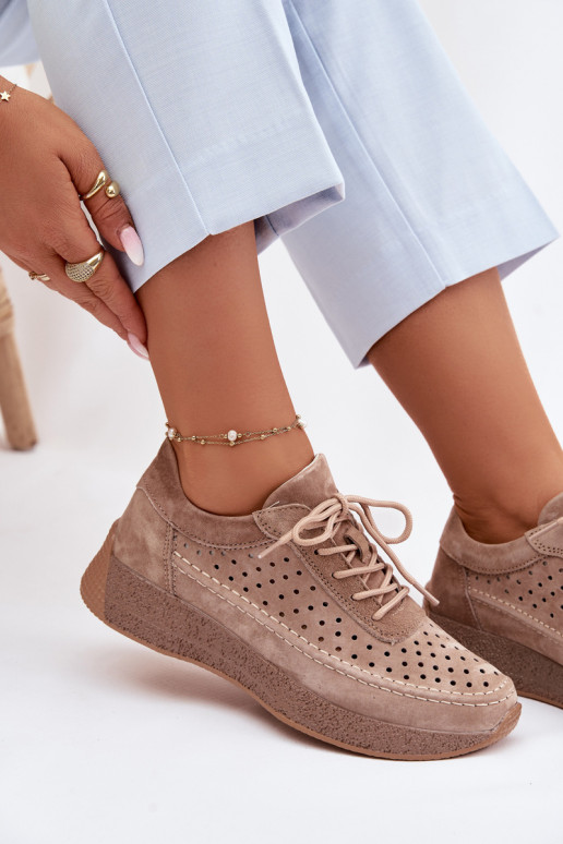 Leather Sneakers Women's Perforated Sergio Leone SP-013 Light Brown