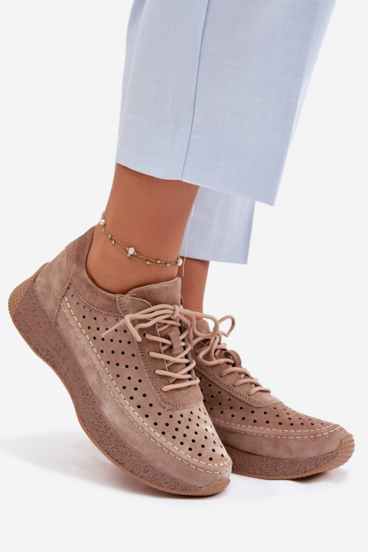 Skórzane Półbuty Sneakersy Damskie Ażurowe Sergio Leone SP-013 Jasnobrązowe