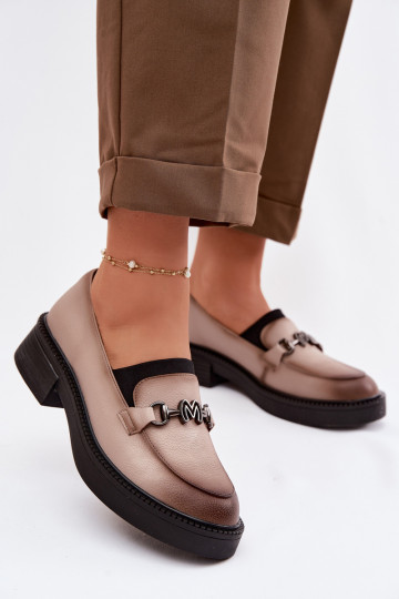 Leather Women's Loafers With Decorative Detail Vinceza Beige