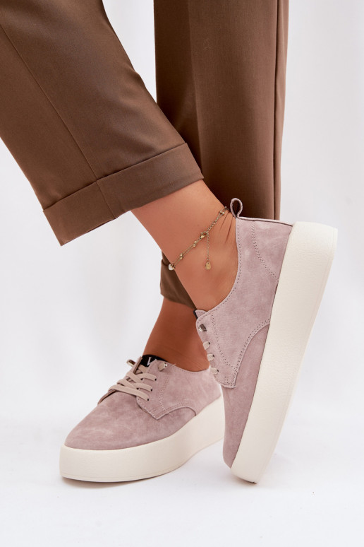 Zamszowe Półbuty Damskie Na Platformie Vinceza 79605 Beżowe