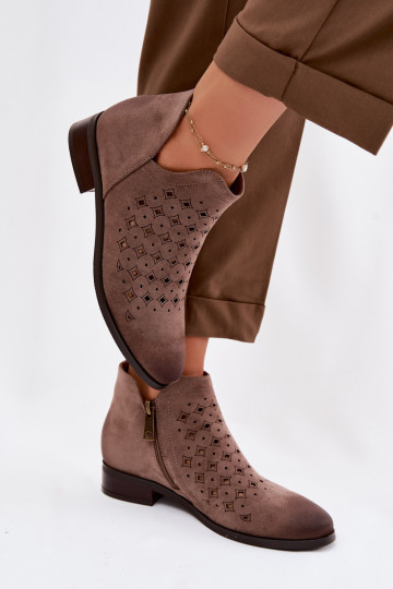 Women's Openwork Ankle Boots Flat Heel Vinceza 58626 Dark Beige