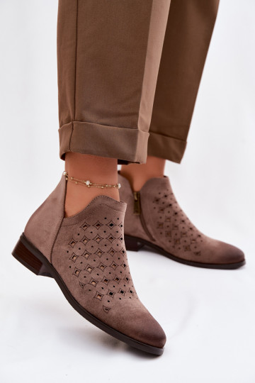 Women's Openwork Ankle Boots Flat Heel Vinceza 58626 Dark Beige 2