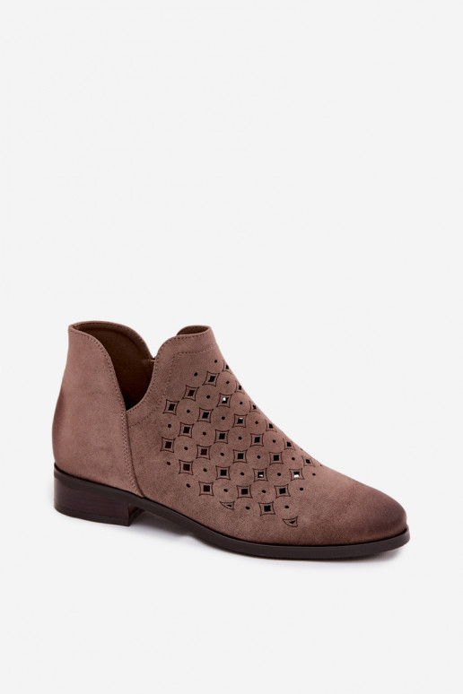 Women's Openwork Ankle Boots Flat Heel Vinceza 58626 Dark Beige