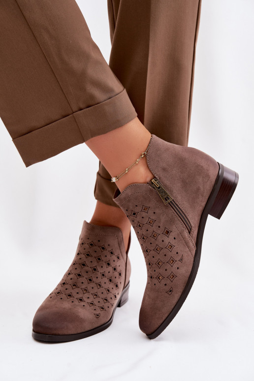 Women's Openwork Ankle Boots Flat Heel Vinceza 58626 Dark Beige