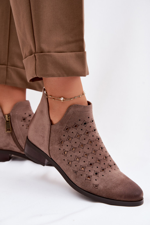 Women's Openwork Ankle Boots Flat Heel Vinceza 58626 Dark Beige