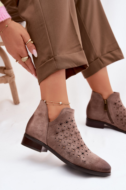 Women's Openwork Ankle Boots Flat Heel Vinceza 58626 Dark Beige