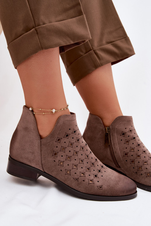 Women's Openwork Ankle Boots Flat Heel Vinceza 58626 Dark Beige