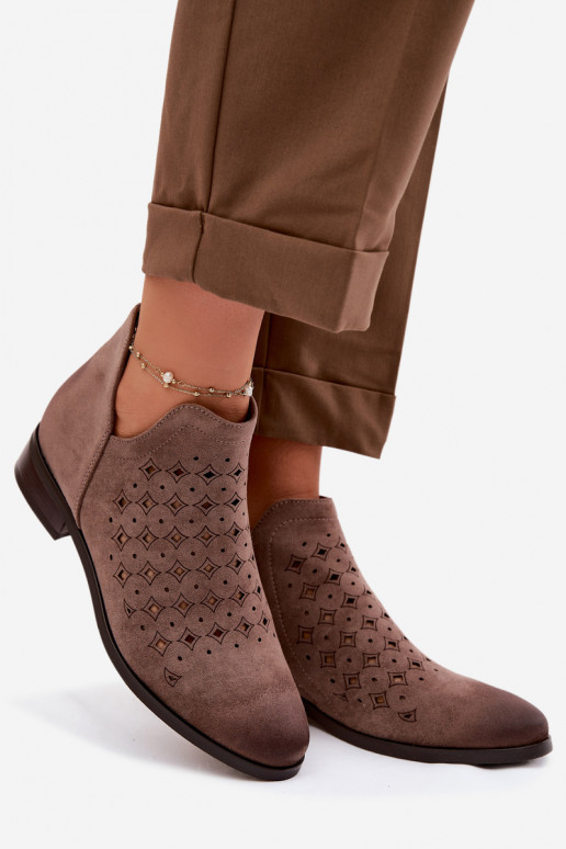 Women's Openwork Ankle Boots Flat Heel Vinceza 58626 Dark Beige