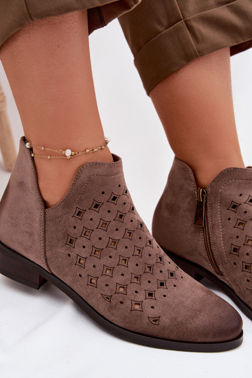 Women's Openwork Ankle Boots Flat Heel Vinceza 58626 Dark Beige