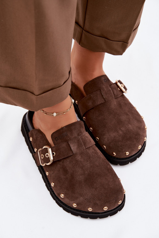 Zam suede Chodaki Platform Sandals With Studs and Buckle Big Star TT274952 Chocolate