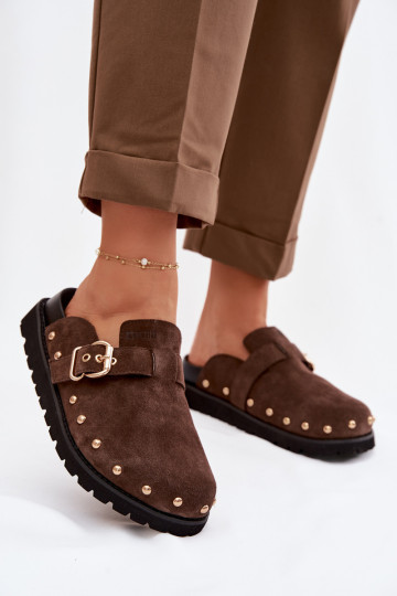 Zam suede Chodaki Platform Sandals With Studs and Buckle Big Star TT274952 Chocolate 2