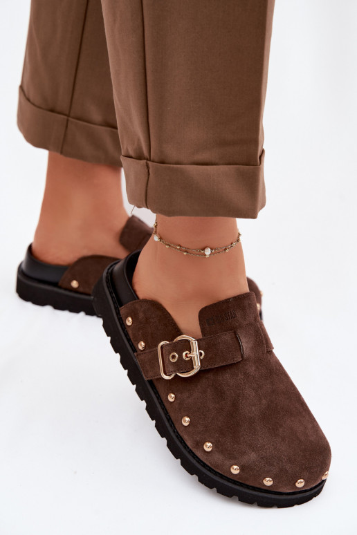 Zam suede Chodaki Platform Sandals With Studs and Buckle Big Star TT274952 Chocolate
