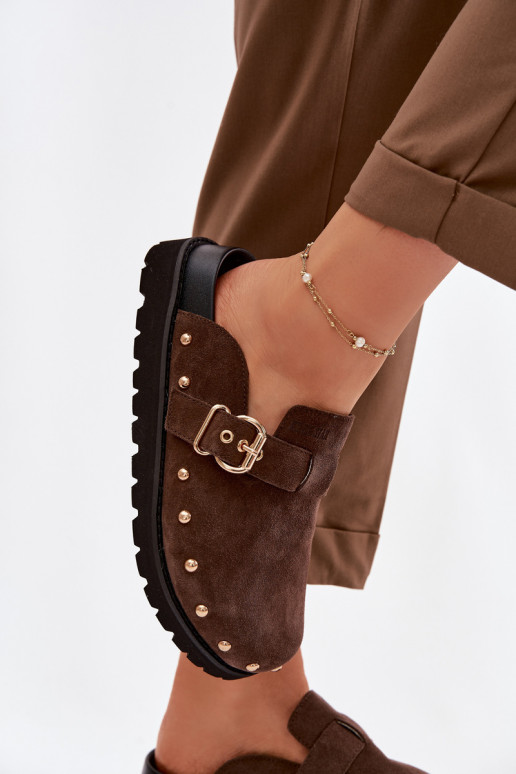 Zam suede Chodaki Platform Sandals With Studs and Buckle Big Star TT274952 Chocolate