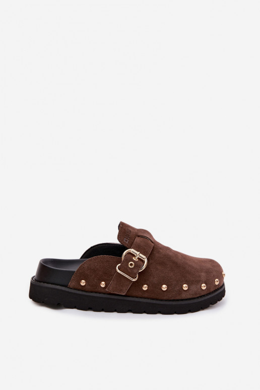 Zam suede Chodaki Platform Sandals With Studs and Buckle Big Star TT274952 Chocolate