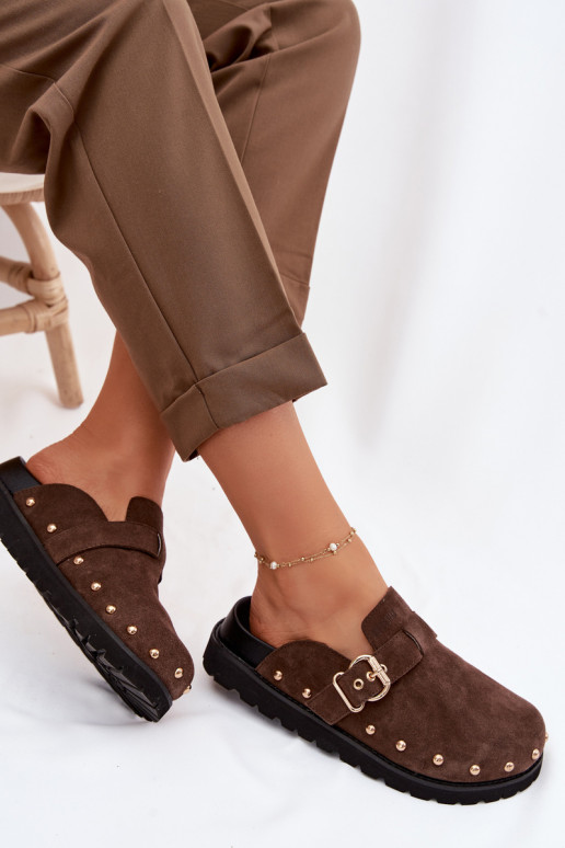 Zam suede Chodaki Platform Sandals With Studs and Buckle Big Star TT274952 Chocolate