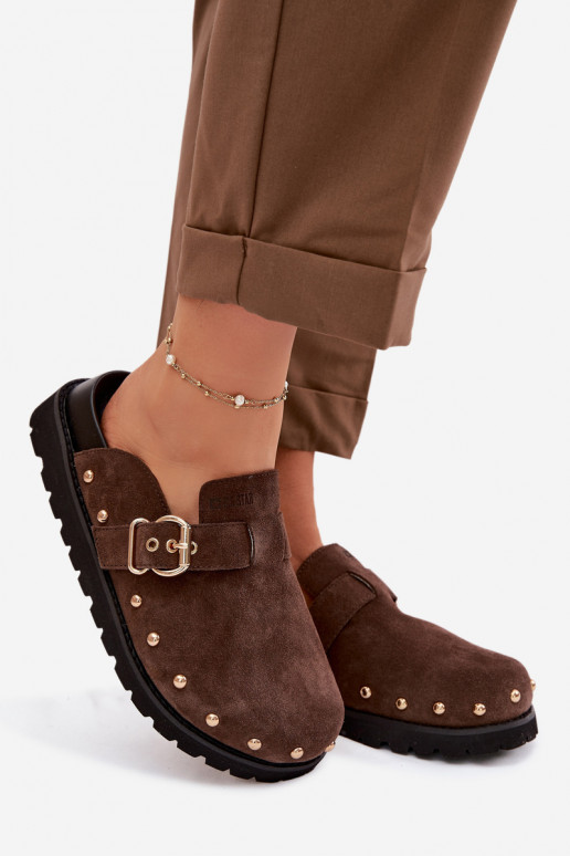 Zam suede Chodaki Platform Sandals With Studs and Buckle Big Star TT274952 Chocolate