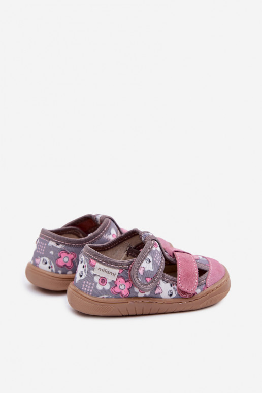 Children's Barefoot Slippers Gray Pink Cats and Flowers Lumi