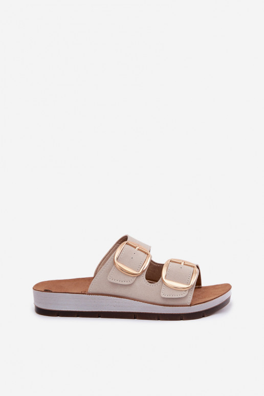 Klapki Damskie Ze Złotymi Klamrami Inblu CP000061 Beżowe