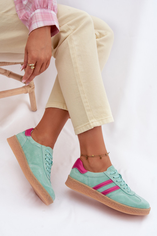 Skórzane Zamszowe Sneakersy Damskie S.Barski LR61-7089 Miętowe