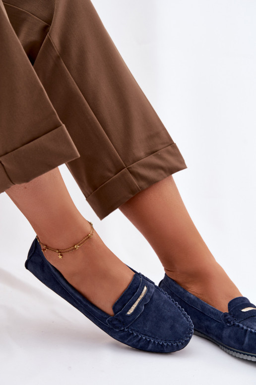 Płaskie Mokasyny DamskiewithNaturalnego Zamszu S.Barski LR61-7029 Granatowe