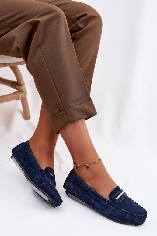 Women's Flat Loafers Made of Genuine Suede S.Barski LR61-7029 Navy Blue