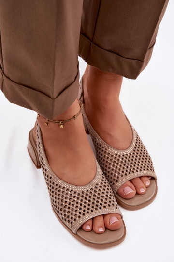 Decorated Openwork Women's Block Heel Sandals Z & A CR61-3131 Beige