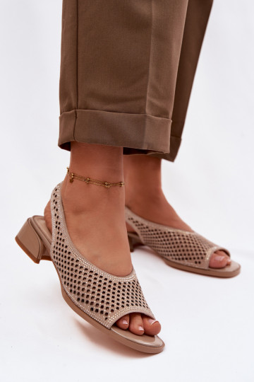 Decorated Openwork Women's Block Heel Sandals Z & A CR61-3131 Beige 2