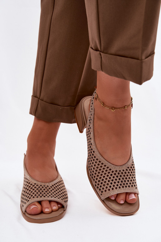 Decorated Openwork Women's Block Heel Sandals Z & A CR61-3131 Beige