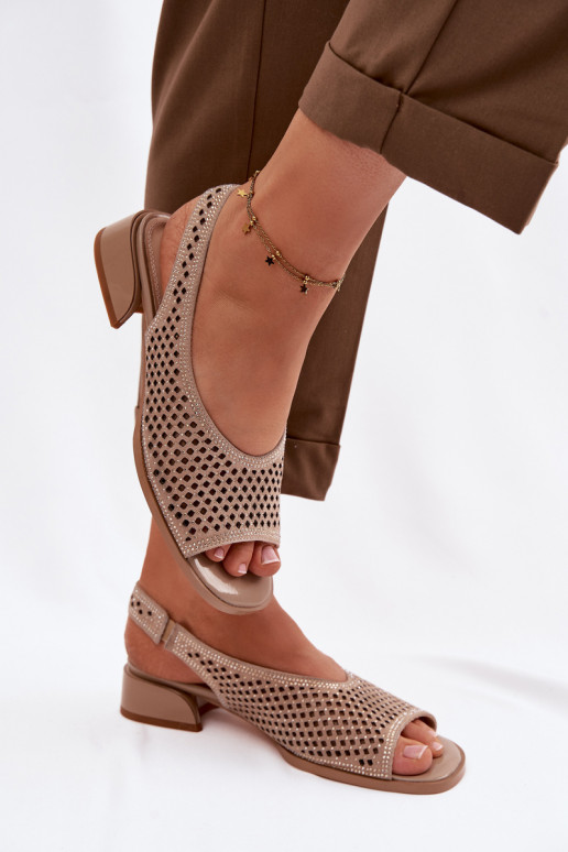 Decorated Openwork Women's Block Heel Sandals Z & A CR61-3131 Beige