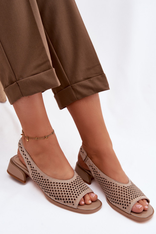 Decorated Openwork Women's Block Heel Sandals Z & A CR61-3131 Beige