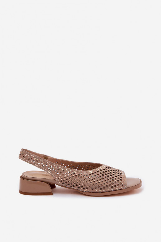 Decorated Openwork Women's Block Heel Sandals Z & A CR61-3131 Beige