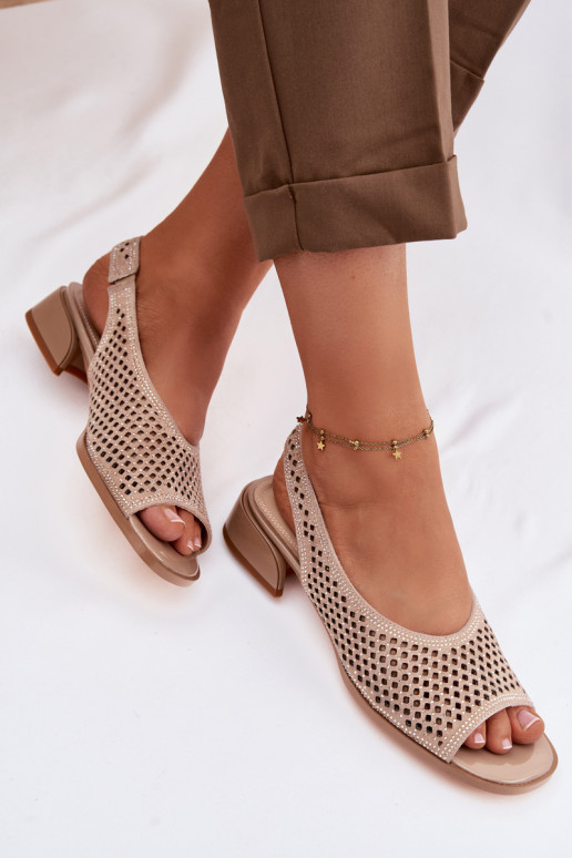 Decorated Openwork Women's Block Heel Sandals Z & A CR61-3131 Beige