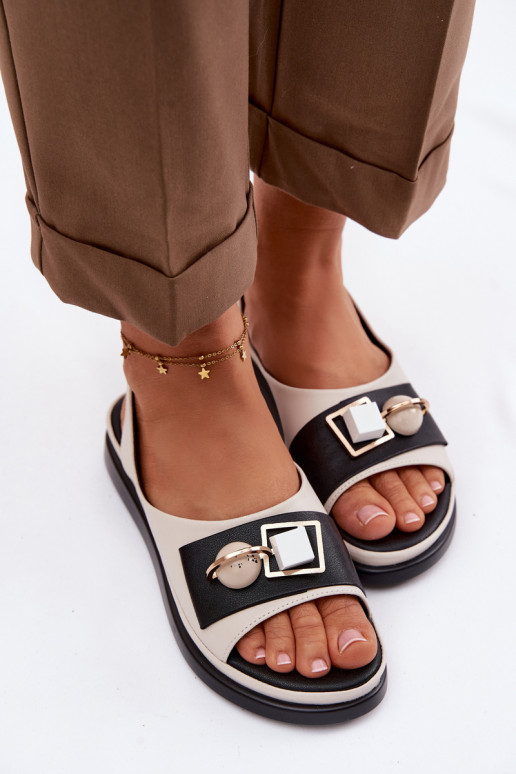 Leather Women's Sandals With Decoration D&A GR61-5932 Beige