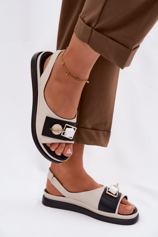 Leather Women's Sandals With Decoration D&A GR61-5932 Beige