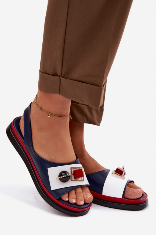 Leather Women's Sandals With Embellishment D&A GR61-5932 Navy Blue