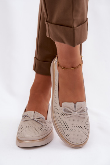 Leather Openwork Platform Shoes LR61-7043 Beige