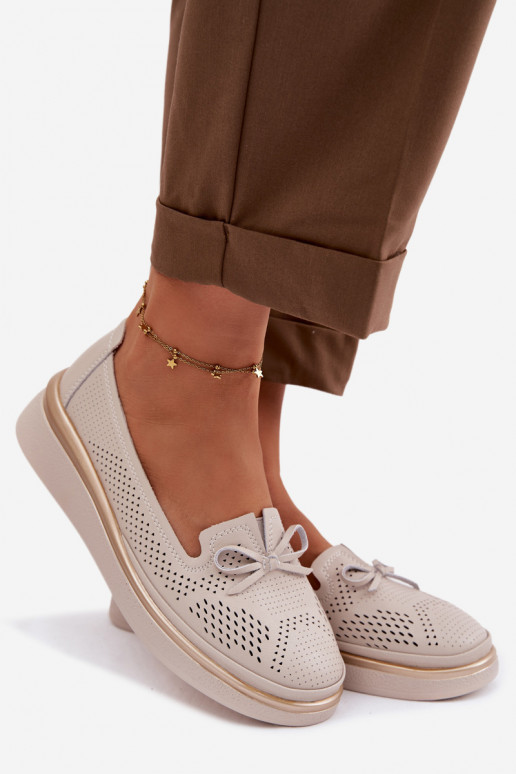 Leather Openwork Platform Shoes LR61-7043 Beige