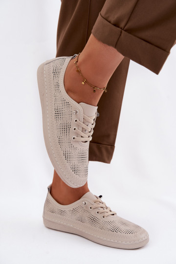 Leather Perforated Women's Loafers LR61-7083 Beige