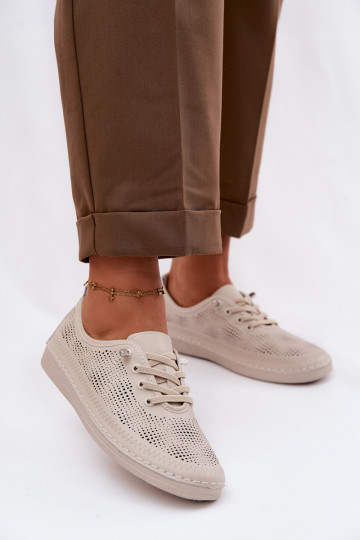 Leather Perforated Women's Loafers LR61-7083 Beige 2