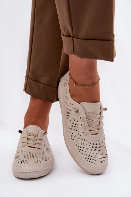 Leather Perforated Women's Loafers LR61-7083 Beige