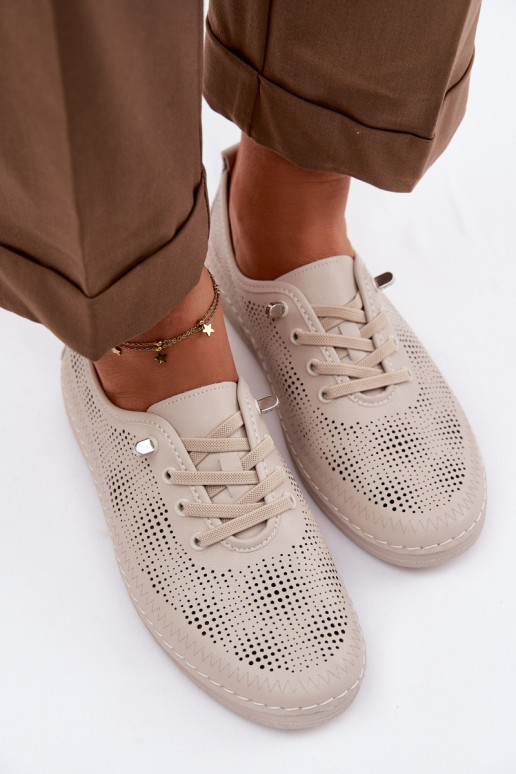 Leather Perforated Women's Loafers LR61-7083 Beige