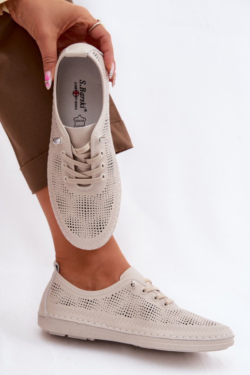 Leather Perforated Women's Loafers LR61-7083 Beige