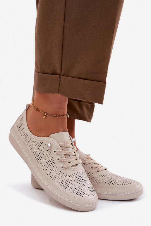 Leather Perforated Women's Loafers LR61-7083 Beige