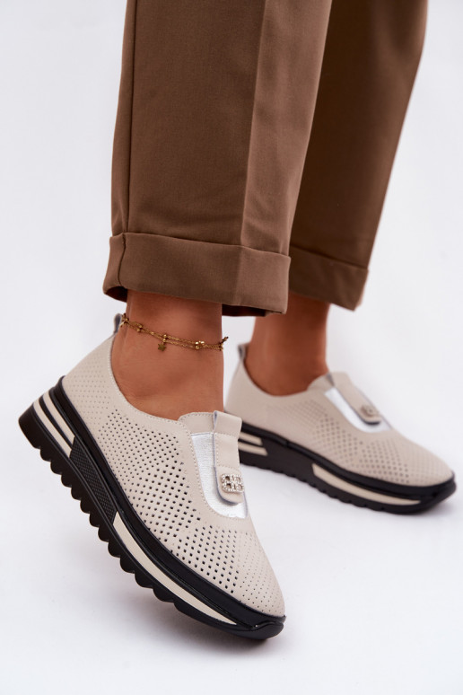 Wsuwane Półbuty DamskiewithNaturalnej Skóry S.Barski LR61-7092 Beżowe