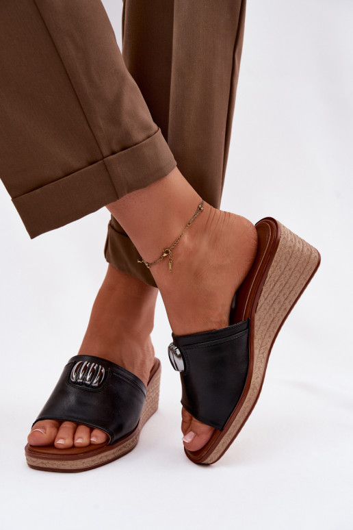 Klapki Damskie Na KoturniewithImitacją Plecionki Sergio Leone KL325 Czarne