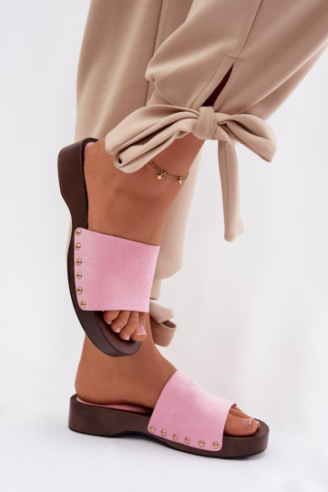 Women's Pink Flat Slides With Gold Buckles Ferinna 2