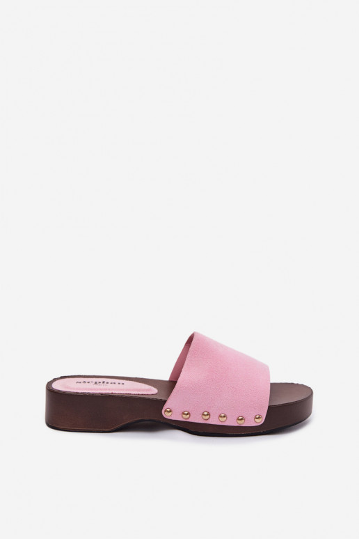 Women's Pink Flat Slides With Gold Buckles Ferinna