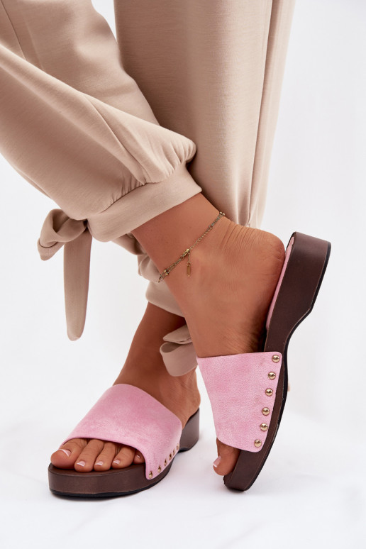 Women's Pink Flat Slides With Gold Buckles Ferinna