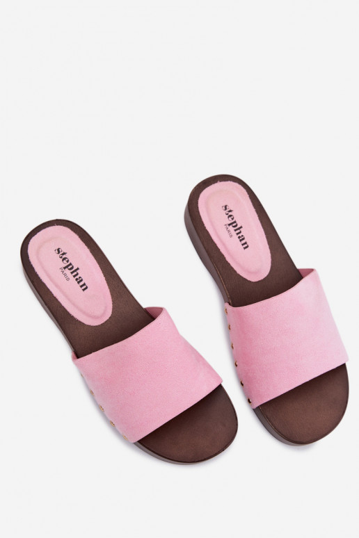 Women's Pink Flat Slides With Gold Buckles Ferinna