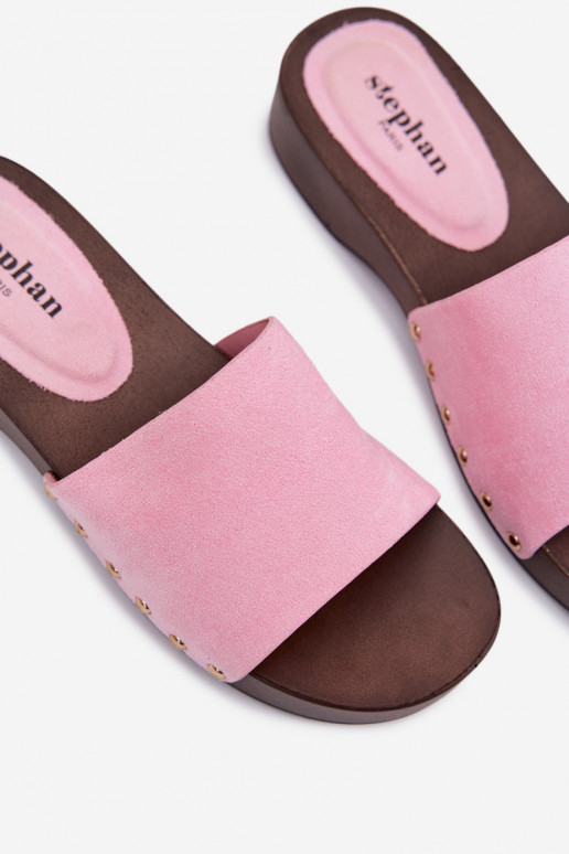 Women's Pink Flat Slides With Gold Buckles Ferinna